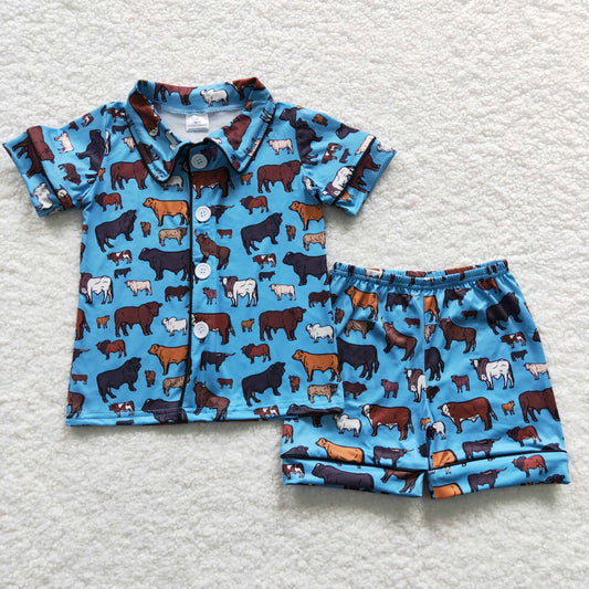 BSSO0276 Kids blue cow western summer short pajamas
