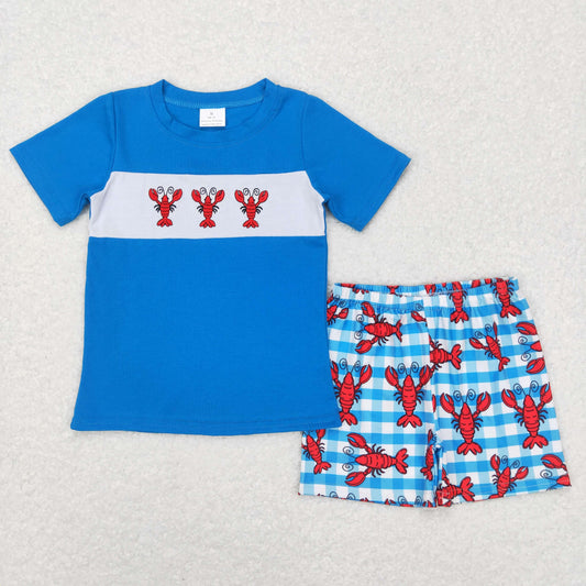 BSSO0280 Crayfish Embroidery Blue Plaid Shorts Boys Summer Clothes Set