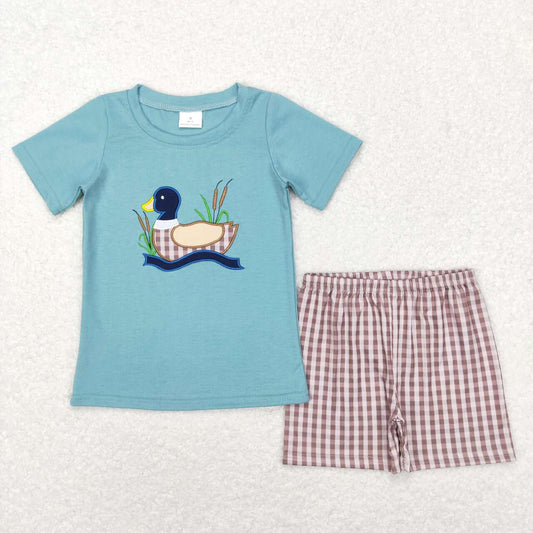 BSSO0281 Duck Embroidery Top Plaid Shorts Boys Clothes Set