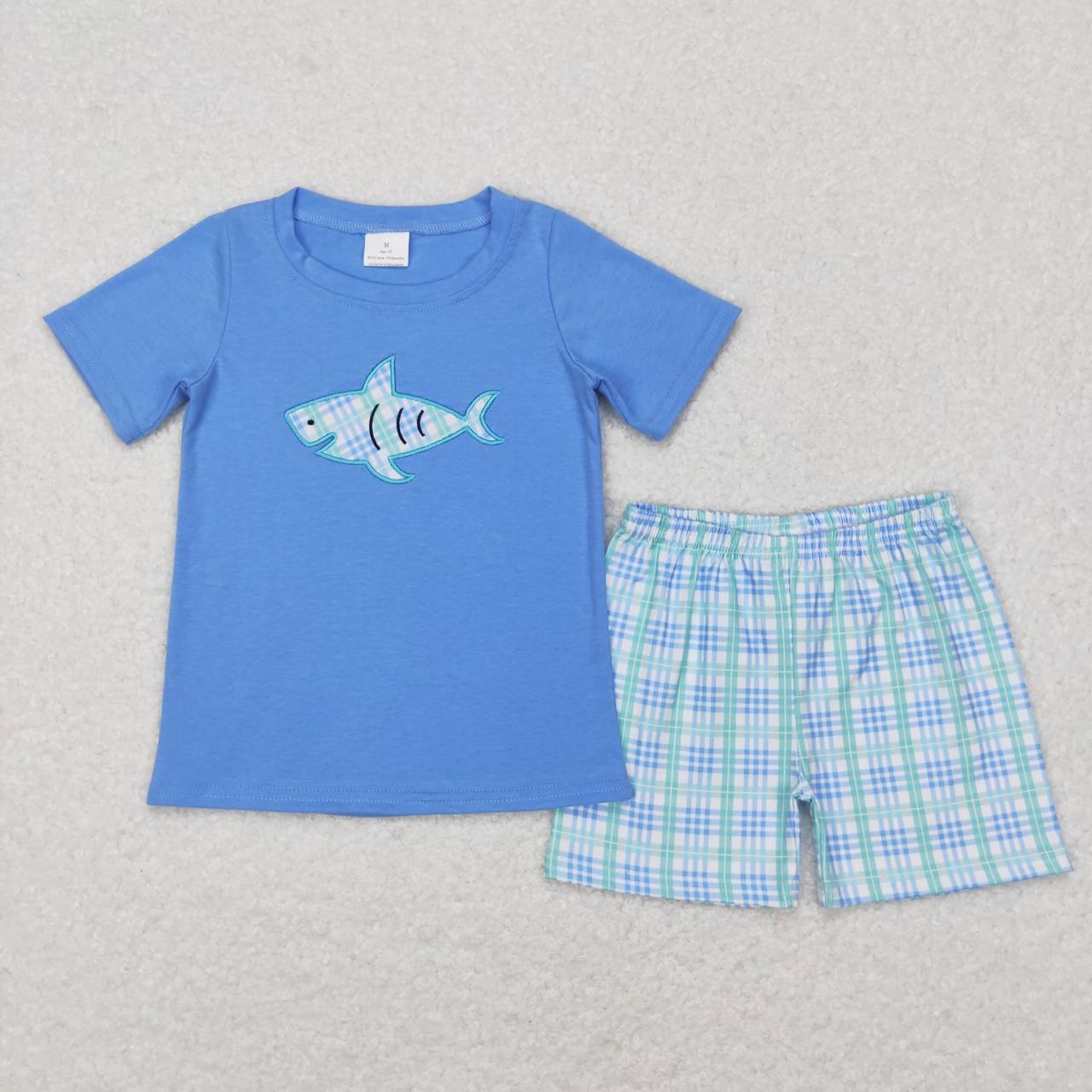 BSSO0284 Blue Shark Embroidery Top Plaid Shorts Boys Summer Clothes Set