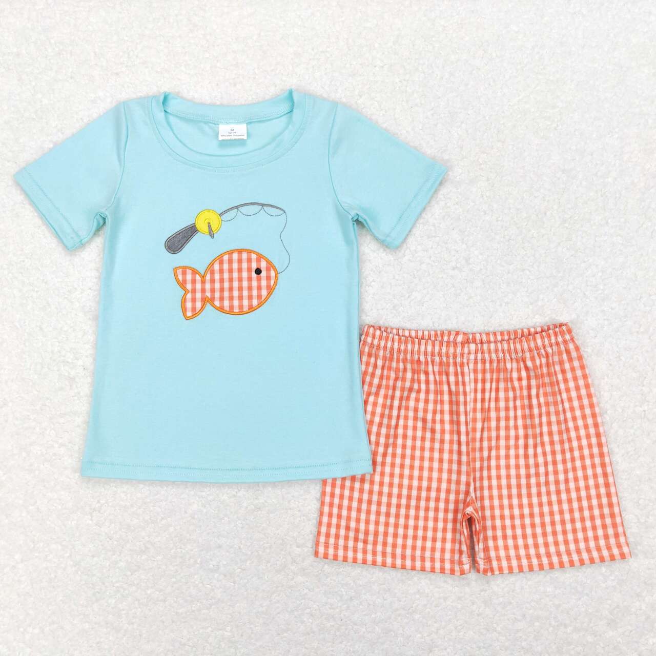 BSSO0288 Fishing Embroidery Blue Top Orange Plaid Shorts Boys Summer Clothes Set