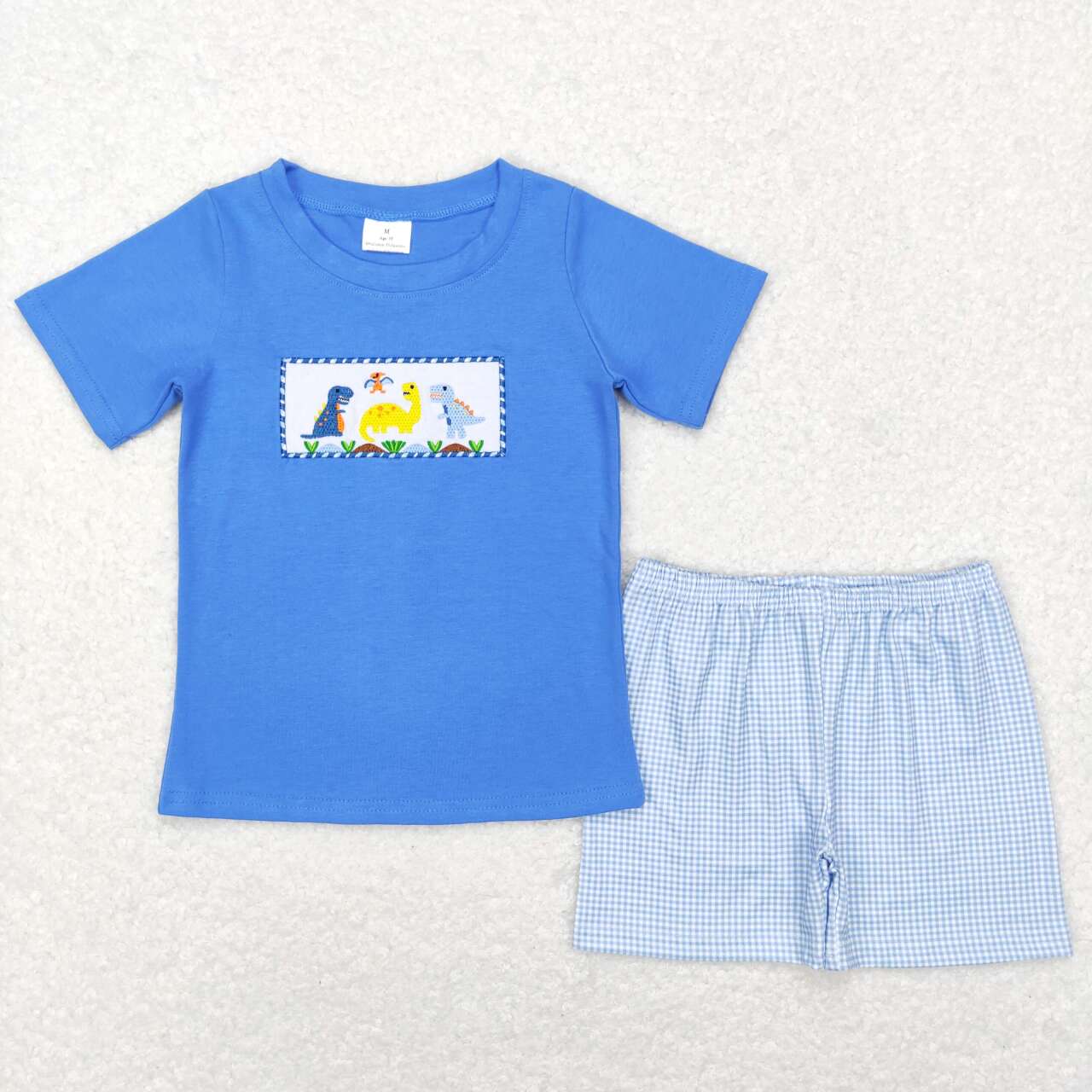 BSSO0293 Dino Embroidery Blue Top Plaid Shorts Boys Summer Clothes Set