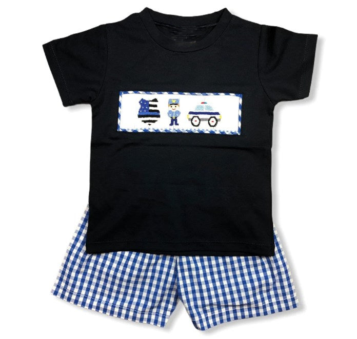 (Custom Design Preorder MOQ 5) Navy Police Print Boys Summer Clothes Set