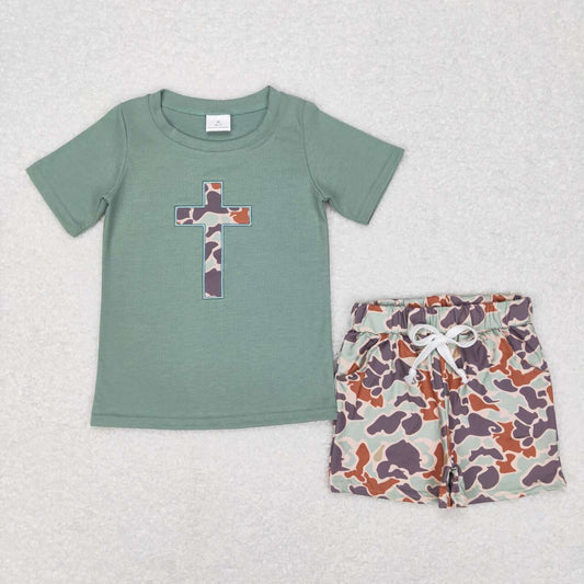 BSSO0296 Cross Embroidery Print Top Camo Shorts Boys Easter Clothes Sets