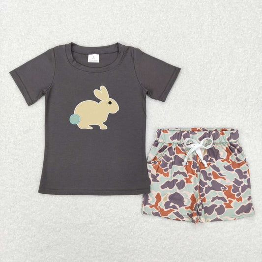 BSSO0297 Grey Bunny Top Camo Shorts Boys Easter Clothes Sets