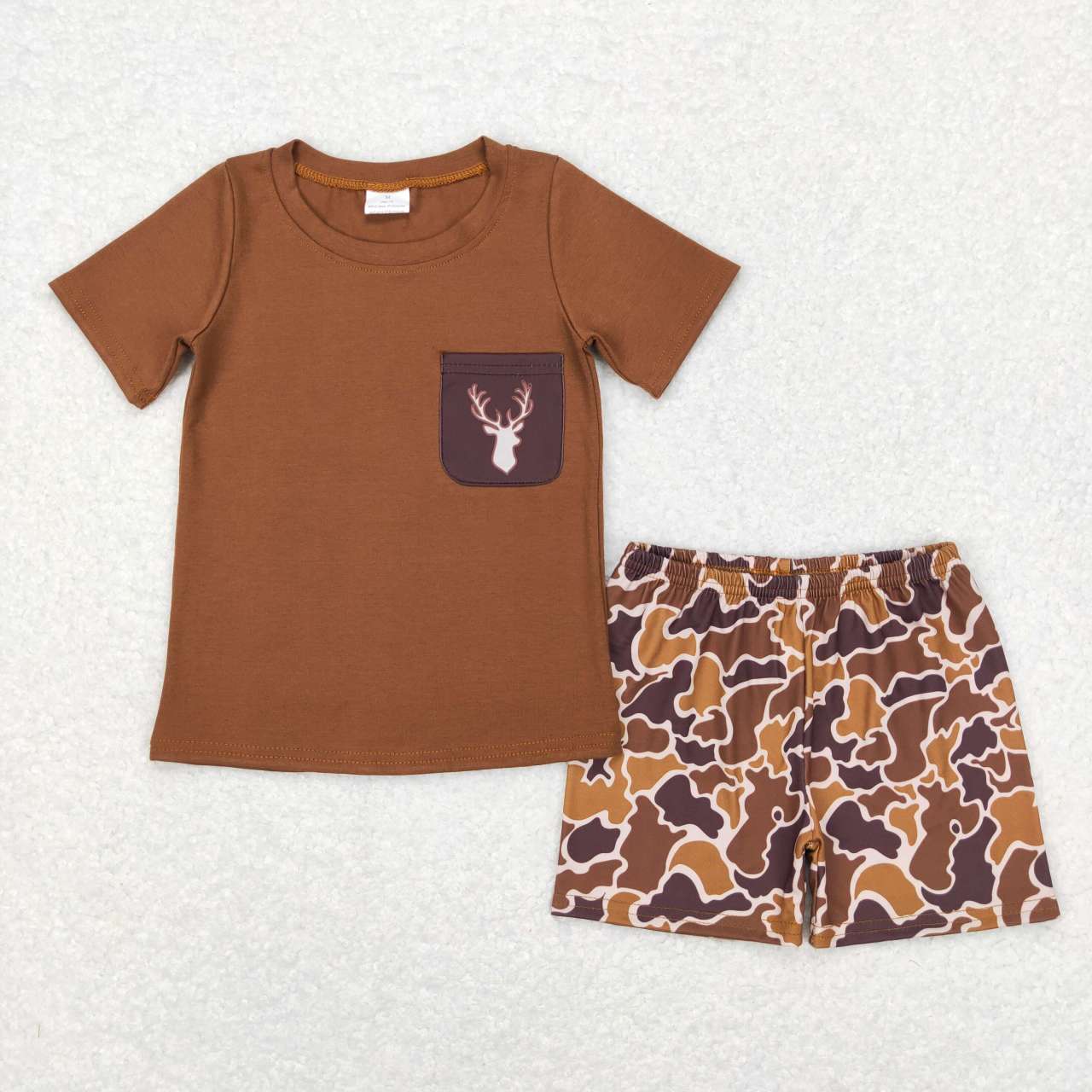 BSSO0302 Brown Pocket Top Camo Deer Print Boys Shorts Summer Hunting Clothes Set