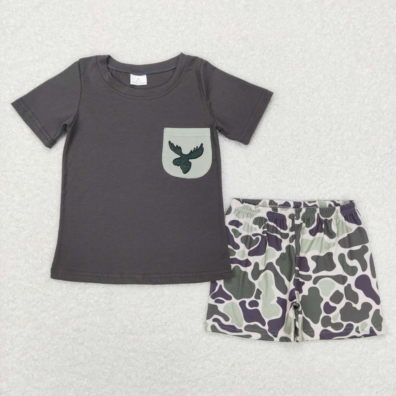 BSSO0303 Dark Grey Pocket Top Camo Deer Print Boys Shorts Clothes Set