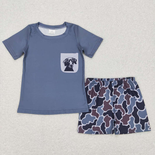 BSSO0304 Camo Dog Print Boys Shorts Summer Hunting Clothes Set