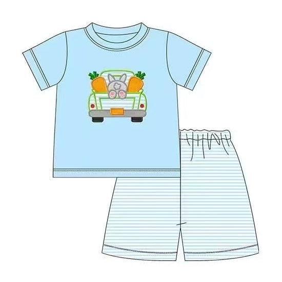 (Pre-order)BSSO0310  Blue Bunny Truck Carrot Boys Shorts Easter Clothes Set