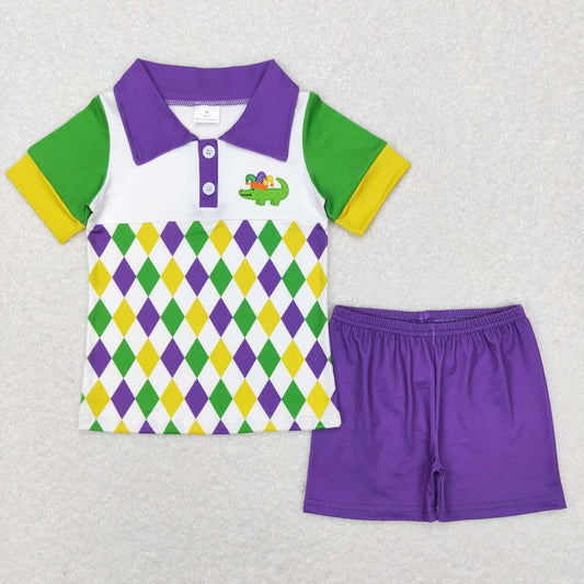 BSSO0311 Crocodile Print Polo Top Purple Shorts Boys Mardi Gras Clothes Set