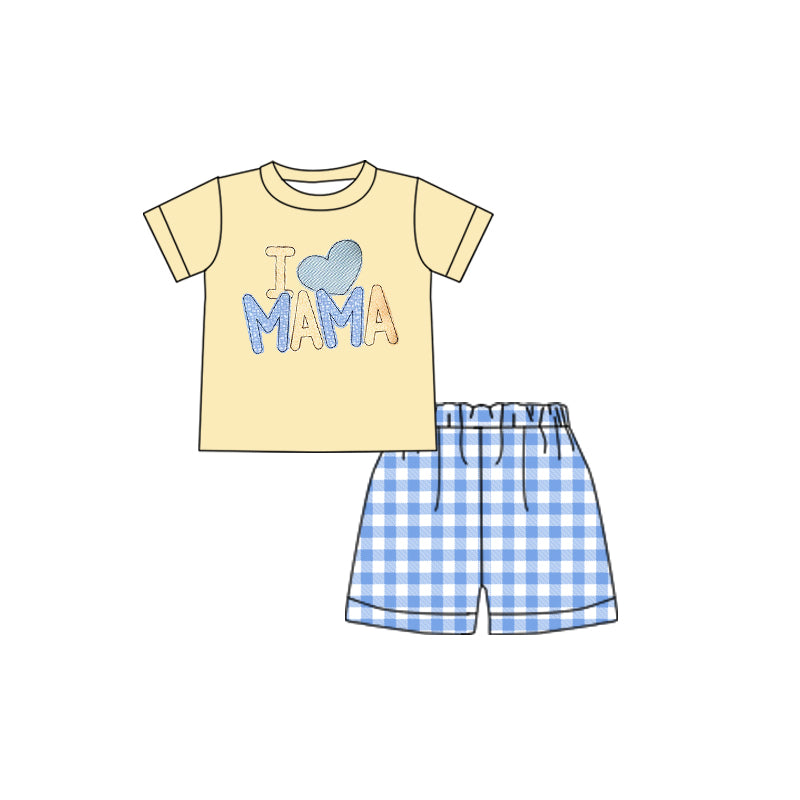 (Pre-order)BSSO0313 I LOVE MAMA Print Top Boys Blue Plaid Shorts Clothes Set