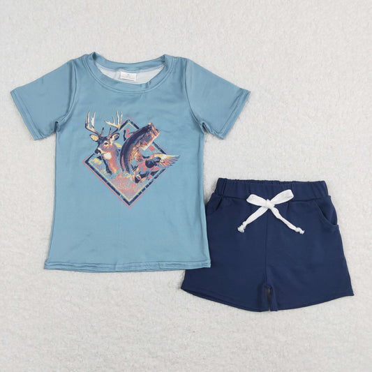 BSSO0315 Deer Fish Duck Print Top Boys Black Shorts Clothes Set