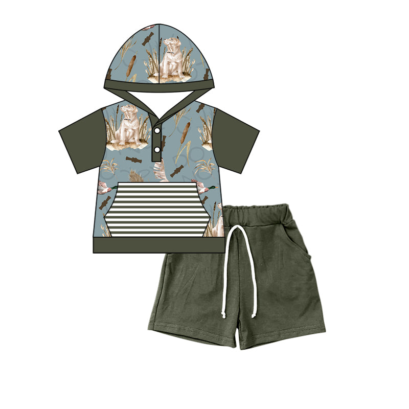 (Pre-order)BSSO0316 Dog Duck Hoodie Pocket Top Dark Green Shorts Boys Clothes Set