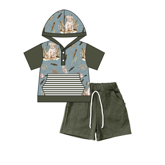 (Pre-order)BSSO0316 Dog Duck Hoodie Pocket Top Dark Green Shorts Boys Clothes Set