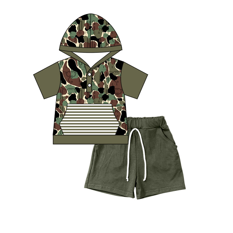 (Pre-order)BSSO0317 Camo Hoodie Pocket Top Dark Green Shorts Boys Clothes Set