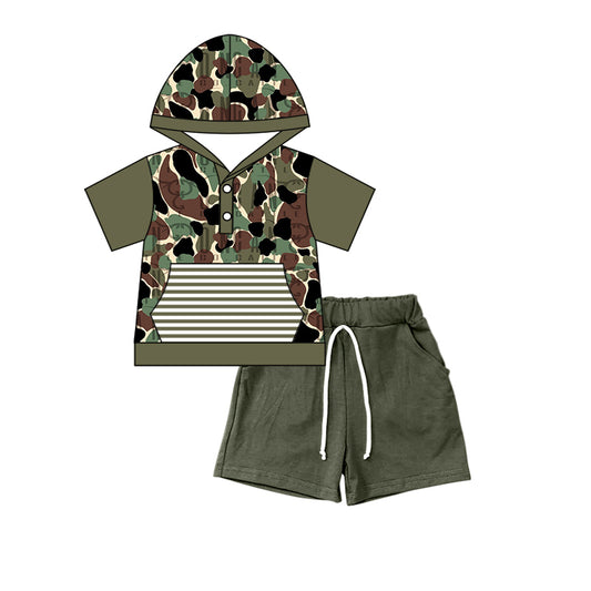 (Pre-order)BSSO0317 Camo Hoodie Pocket Top Dark Green Shorts Boys Clothes Set