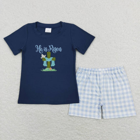 BSSO0319 He Is Risen Cross Embroidery Navy Top Blue Plaid Shorts Boys Easter Clothes Set