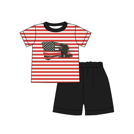 (Pre-order)BSSO0320 Fireman Red Stripes Print Top Black Shorts Boys Clothes Set