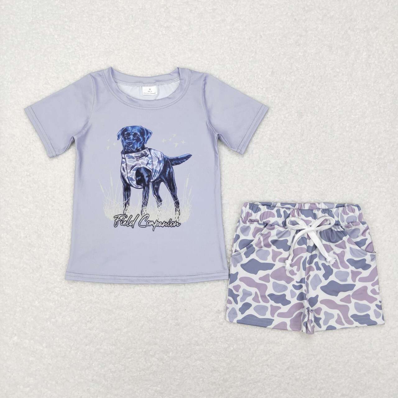 BSSO0323 Grey Dog Top Boys Camo Shorts Clothes Set