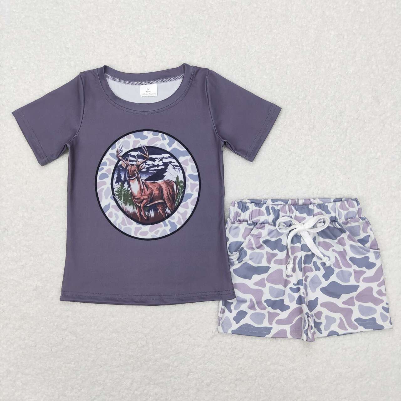 BSSO0324 Dark Grey Deer Top Boys Camo Shorts Clothes Set