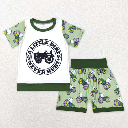 BSSO0328 A Little Dirt Never Hurt Tractors Print Boys Shorts Clothes Set