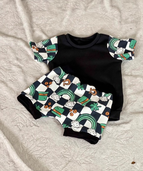 (Pre-order)BSSO0330  Green Quatrefoil Rainbow Print Black Plaid Boys Shorts St. Patrick's Clothes Set