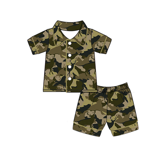 (Pre-order)BSSO0333 Dark Green Camo Print Boys Short Sleeve Buttons Pajamas Clothes Set