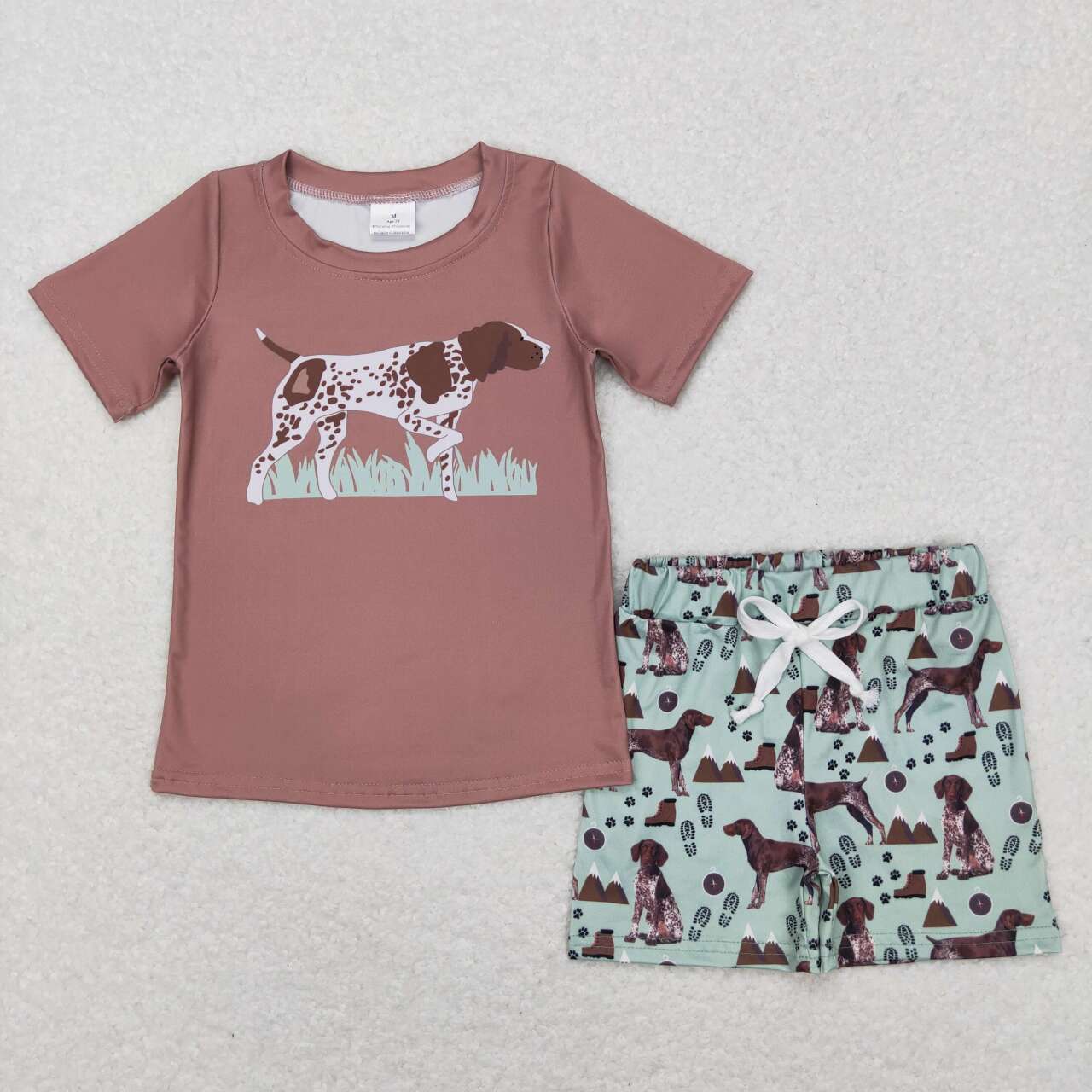 BSSO0335 Brown Dog Print Boys Shorts Hunting Clothes Set