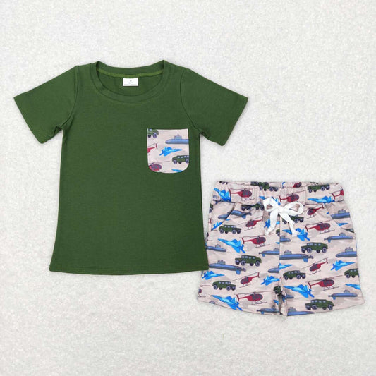 BSSO0338 Green Pocket Top Army Plane Shorts Boys Summer Clothes Set