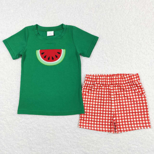 BSSO0345 Watermelon Embroidery Green Top Red Plaid Shorts Boys Summer Clothes Set