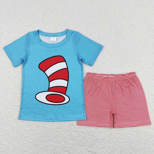 BSSO0346 Dr.Reading Hat Print Blue Top Boys Shorts Clothes Set