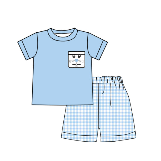 (Pre-order)BSSO0347 Pocket Bunny Face Print Blue Plaid Shorts Boys Easter Clothes Set