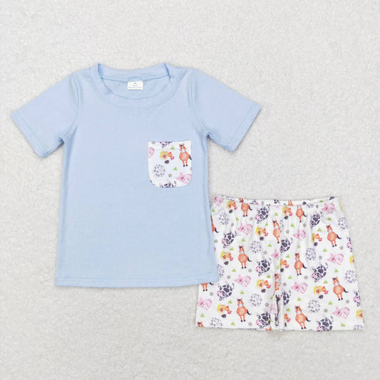 BSSO0352 Blue Pocket Top Farm Animals Shorts Boys Summer Clothes Set