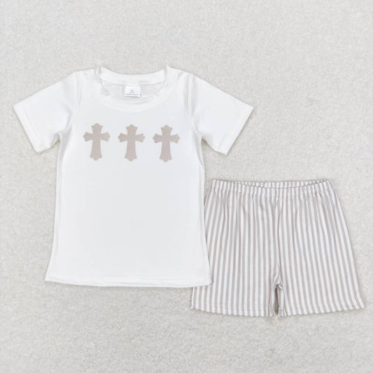 BSSO0354 Cross Khaki Stripes Shorts Boys Easter Clothes Set