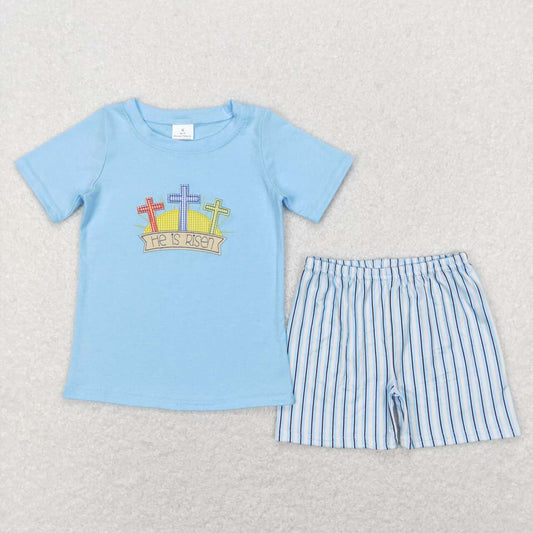 BSSO0356 He Is Risen Cross Print Stripes Shorts Boys Easter Clothes Set