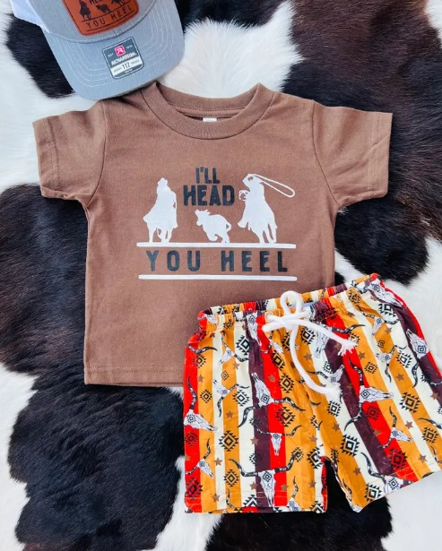 (Pre-order)BSSO0370 I'll Head You Heel Aztec Shorts Boys Summer Western Clothes Set