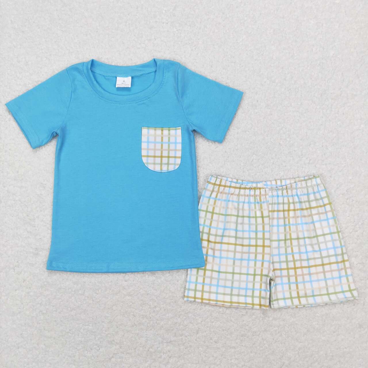 BSSO0372 Blue Pocket Top Plaid Shorts Boys Summer Clothes Set