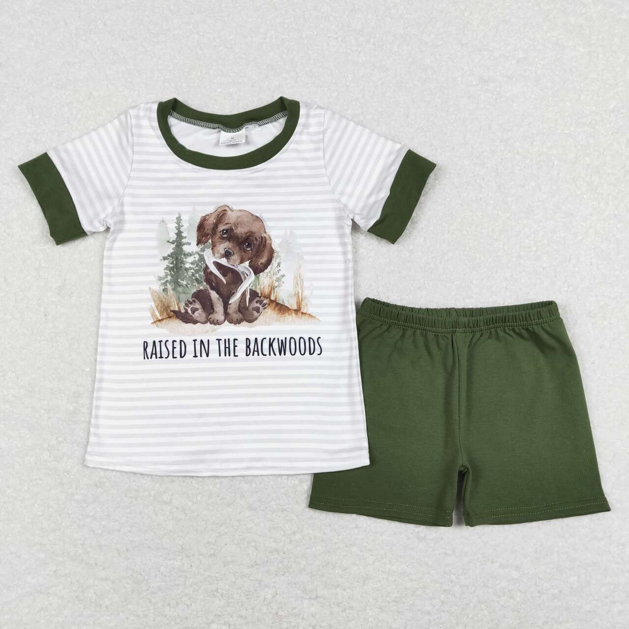 BSSO0376 Raised In The Backwoods Dog Print Green Shorts Boys Summer Clothes Set