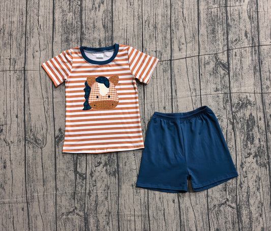 (Pre-order)BSSO0380 Brown Stripes Horse Print Top Navy Shorts Boys Summer Clothes Set