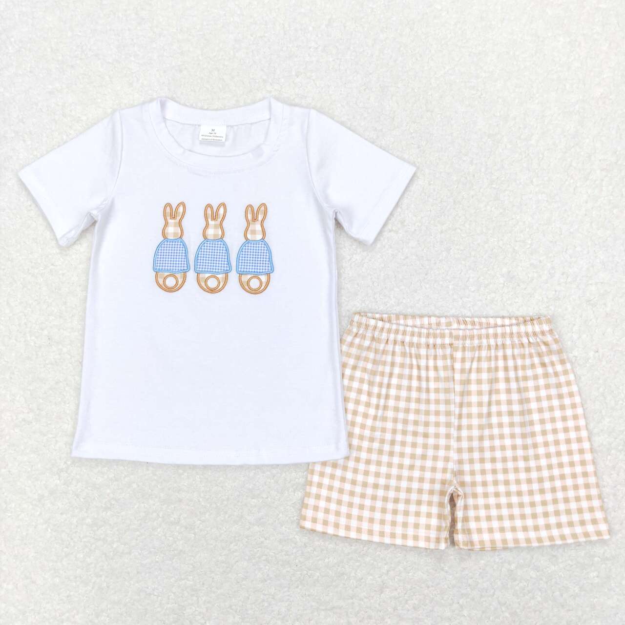 BSSO0383 Bunny Embroidery Top Plaid Shorts Boys Easter Clothes Set