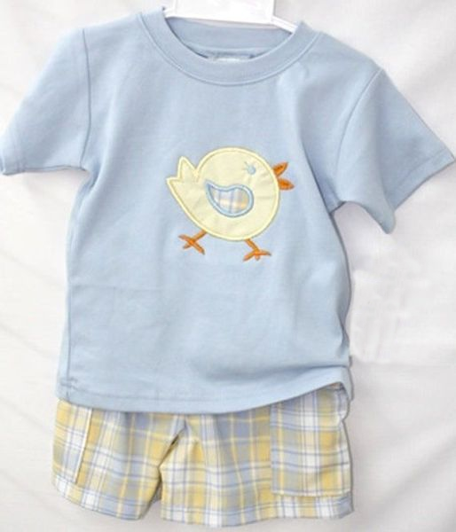(Pre-order)BSSO0385  Chickling Print Blue Top Plaid Shorts Boys Summer Clothes Set