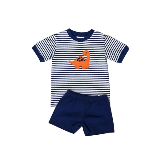 (Pre-order)BSSO0387  Dino Print Navy Stripes Top Shorts Boys Clothes Set