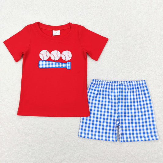 BSSO0388  Baseball Embroidery Red Top Blue Plaid Shorts Boys Summer Clothes Set