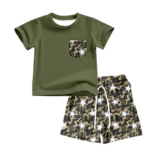 (Pre-order)BSSO0391  Green Pocket Top Camo Star Shorts Boys Summer Clothes Set