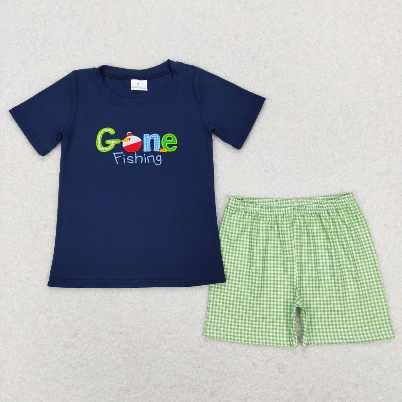 BSSO0395  Gone Fishing Embroidery Navy Top Green Plaid Shorts Boys Summer Clothes Set