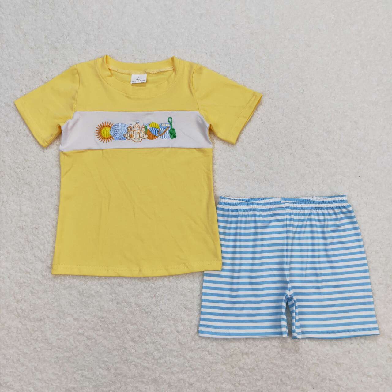 BSSO0397  Beach Play Embroidery Yellow Top Blue Stripes Shorts Boys Summer Clothes Set