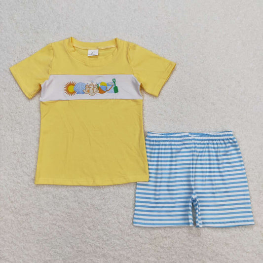 BSSO0397  Beach Play Embroidery Yellow Top Blue Stripes Shorts Boys Summer Clothes Set