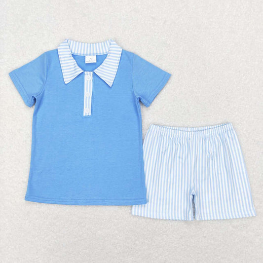 BSSO0402  Blue Polo Top Stripes Shorts Boys Summer Clothes Set