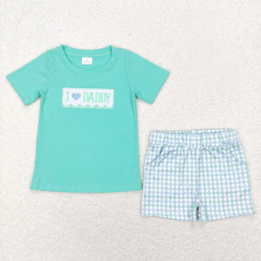 BSSO0406  I LOVE DADDY Embroidery Top Plaid Shorts Boys Summer Clothes Set