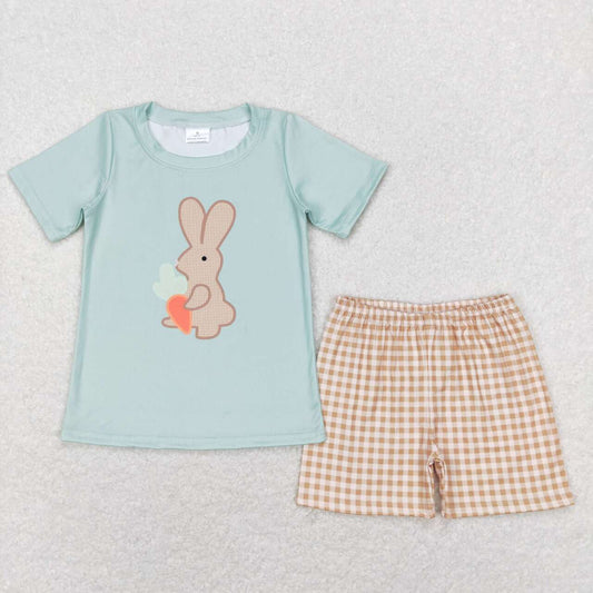 BSSO0407 Bunny Carrots Top Plaid Shorts Boys Easter Clothes Set